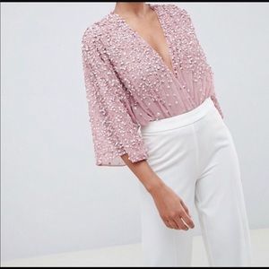 Asos pink beaded body suit blouse